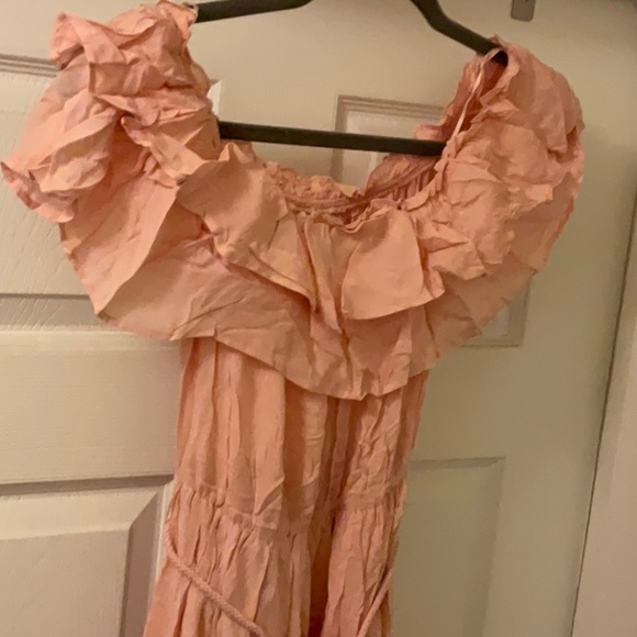 🆕Pink Off The Shoulder Flounced Flowy Ruffled Maxi Dress With Tasseled Belt - Picture 7 of 14